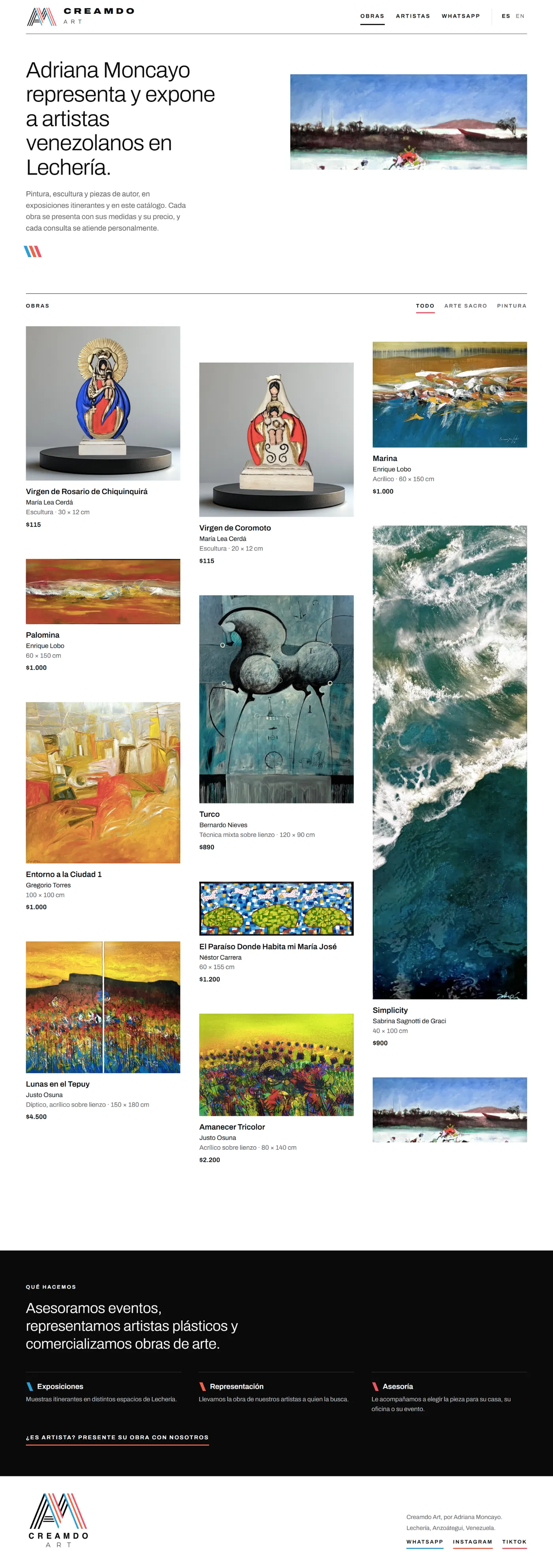 Recorrido por la web de Creamdo Art: portada, obras con medidas y precio, y servicios